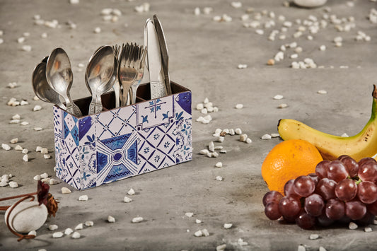 A Tiny Mistake Turkish Blue Tiles Wooden Cutlery Holder, 18 x 10 x 6.5 cm