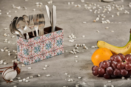 A Tiny Mistake Turkish Pink Tiles Wooden Cutlery Holder, 18 x 10 x 6.5 cm