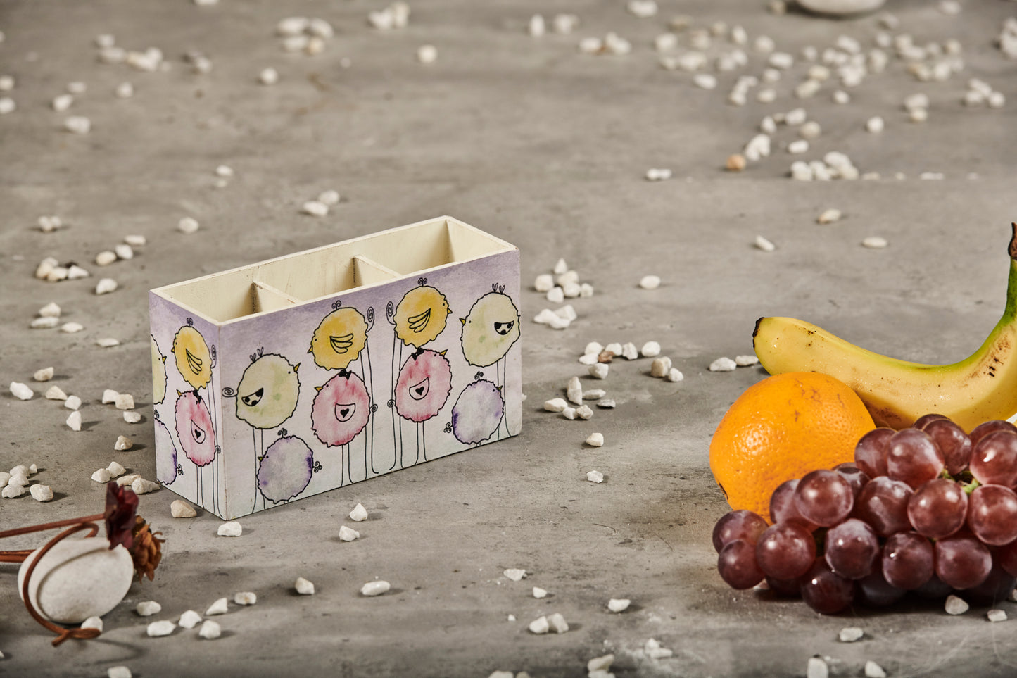 A Tiny Mistake Floral Caricature Birds Wooden Cutlery Holder, 18 x 10 x 6.5 cm