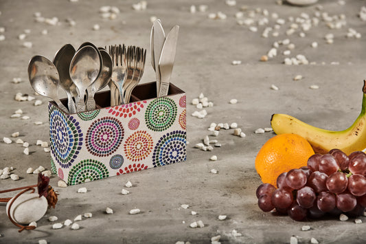 A Tiny Mistake Mandala Wooden Cutlery Holder, 18 x 10 x 6.5 cm