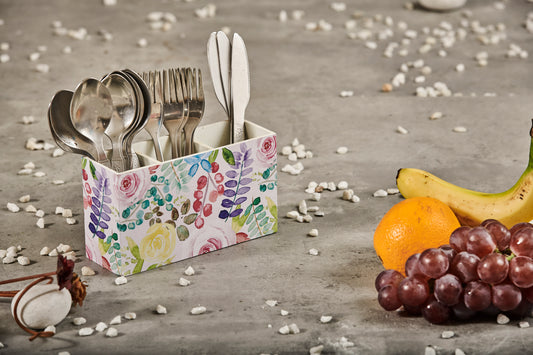 A Tiny Mistake Watercolour Roses Wooden Cutlery Holder, 18 x 10 x 6.5 cm