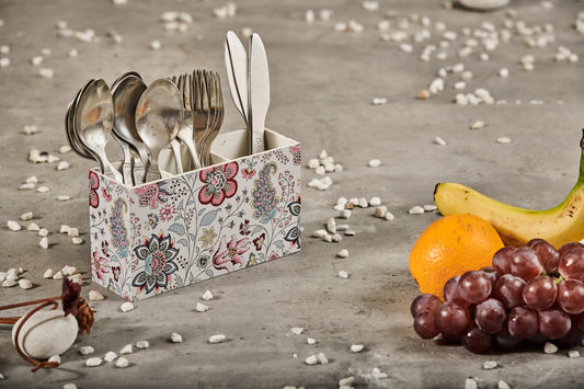 A Tiny Mistake Kalamkari Pastel Wooden Cutlery Holder, 18 x 10 x 6.5 cm