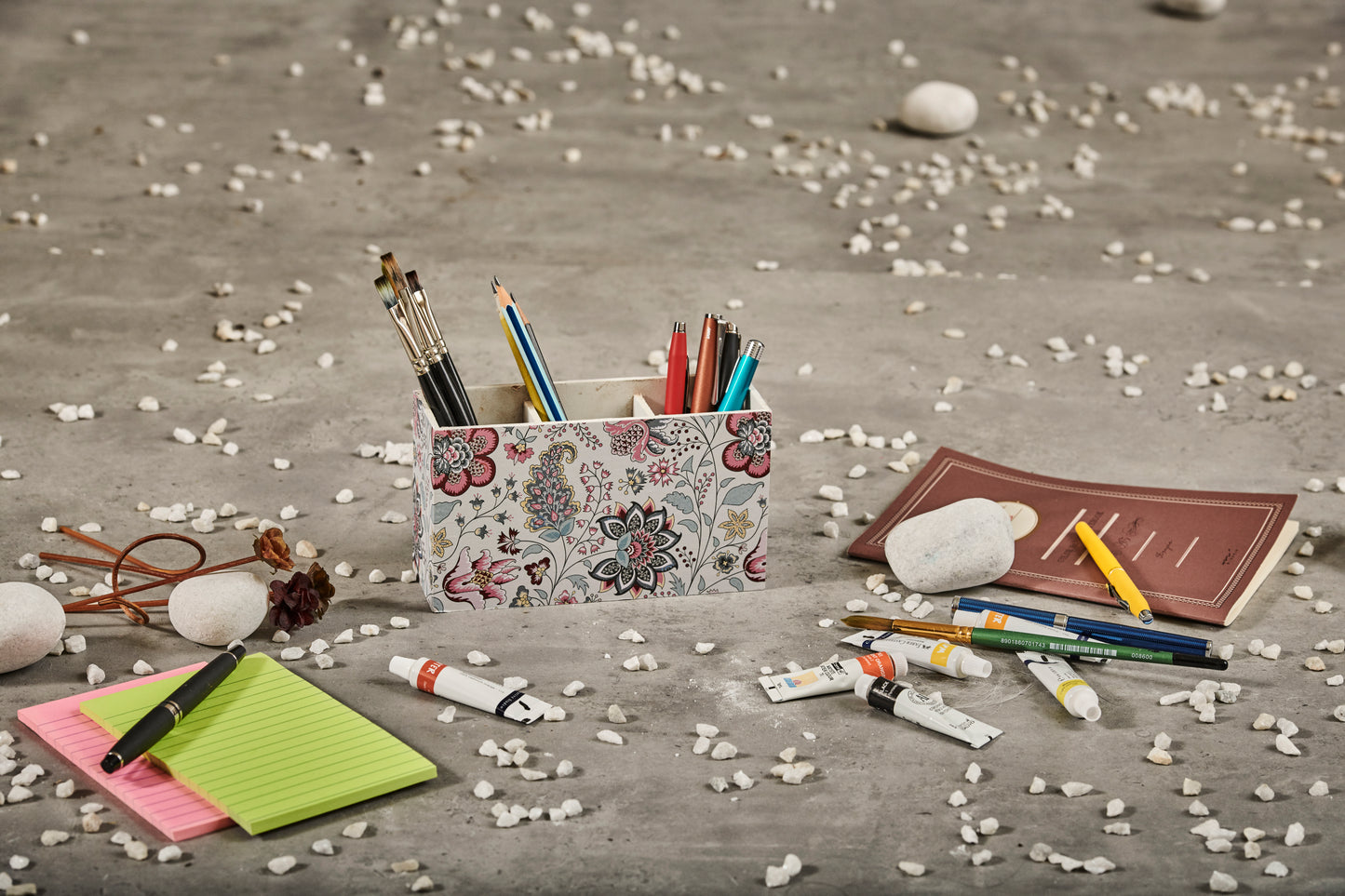 A Tiny Mistake Kalamkari Pastel Wooden Cutlery Holder, 18 x 10 x 6.5 cm