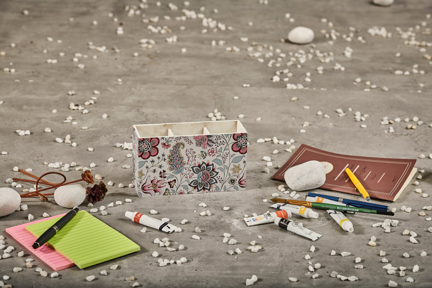 A Tiny Mistake Kalamkari Pastel Wooden Cutlery Holder, 18 x 10 x 6.5 cm