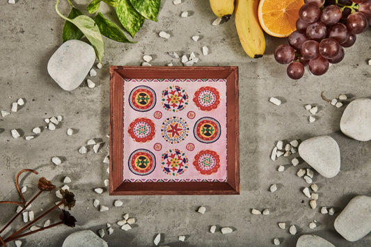 A Tiny Mistake Rangoli Small Square Wooden Serving Tray, 18 x 18 x 2 cm