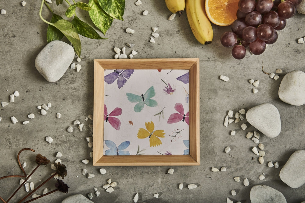A Tiny Mistake Butterflies Small Square Wooden Serving Tray, 18 x 18 x 2 cm