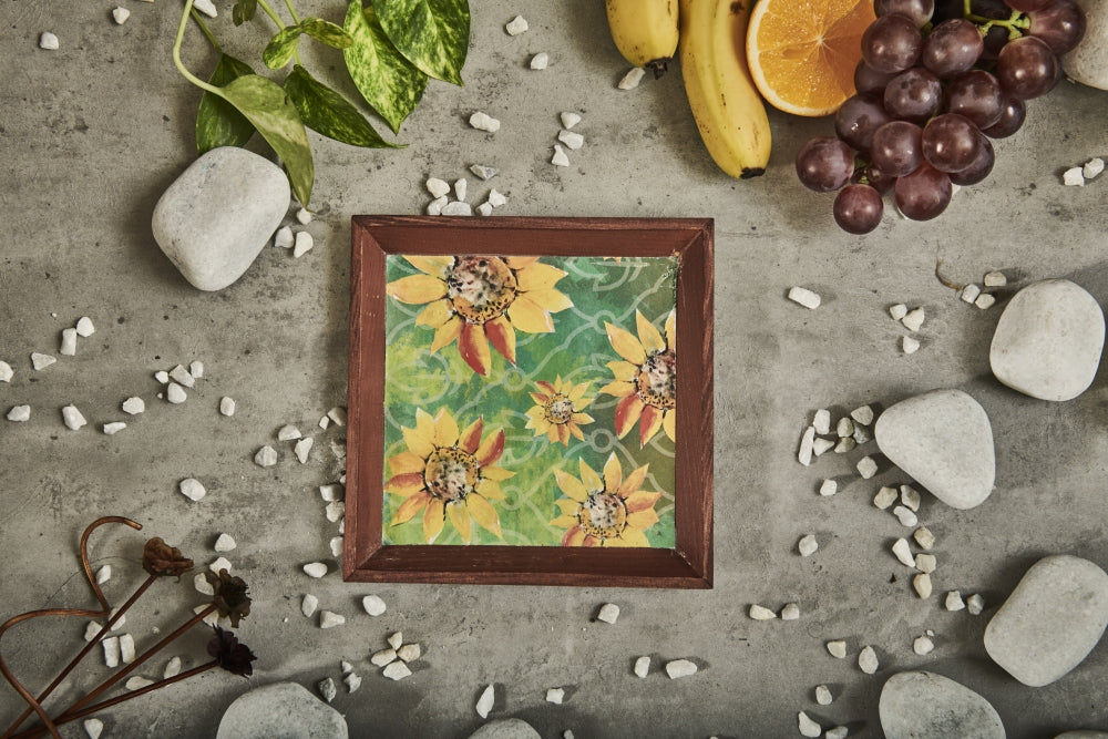 A Tiny Mistake Sunflowers Small Square Wooden Serving Tray, 18 x 18 x 2 cm