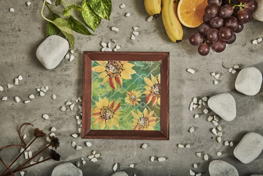 A Tiny Mistake Sunflowers Small Square Wooden Serving Tray, 18 x 18 x 2 cm
