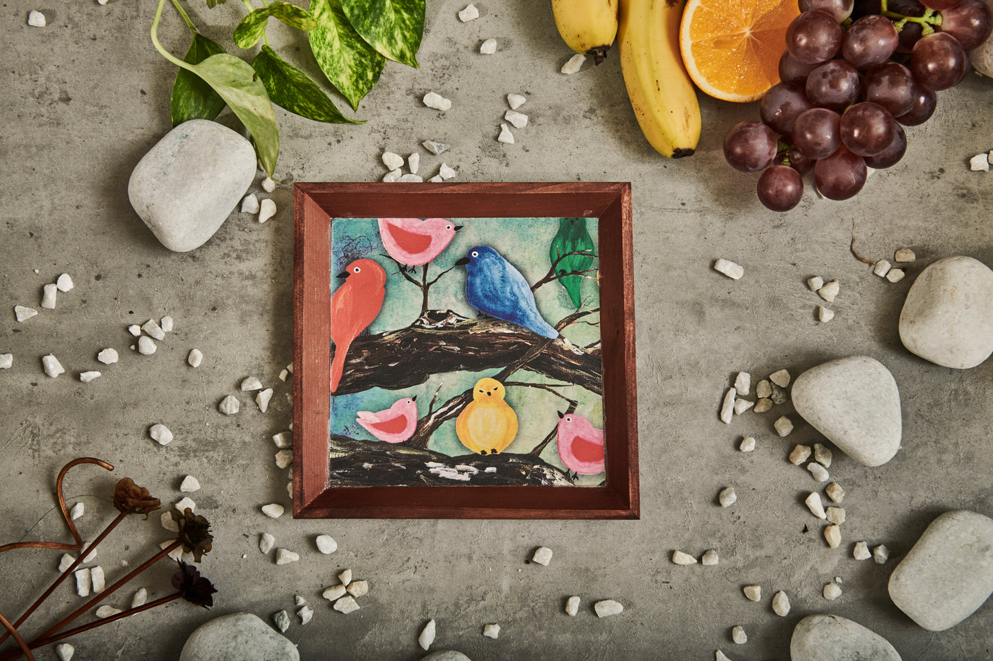 A Tiny Mistake Birds on a Branch Small Square Wooden Serving Tray, 18 x 18 x 2 cm