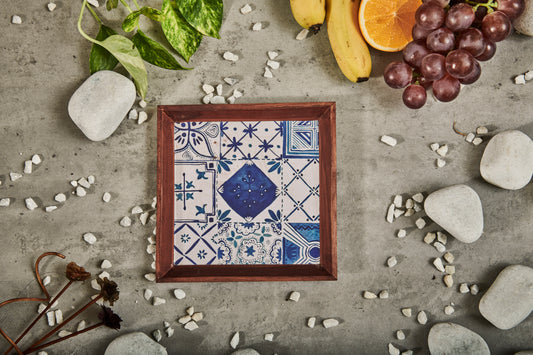 A Tiny Mistake Turkish Blue Tiles Small Square Wooden Serving Tray, 18 x 18 x 2 cm