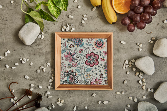 A Tiny Mistake Kalamkari Pastel Small Square Wooden Serving Tray, 18 x 18 x 2 cm