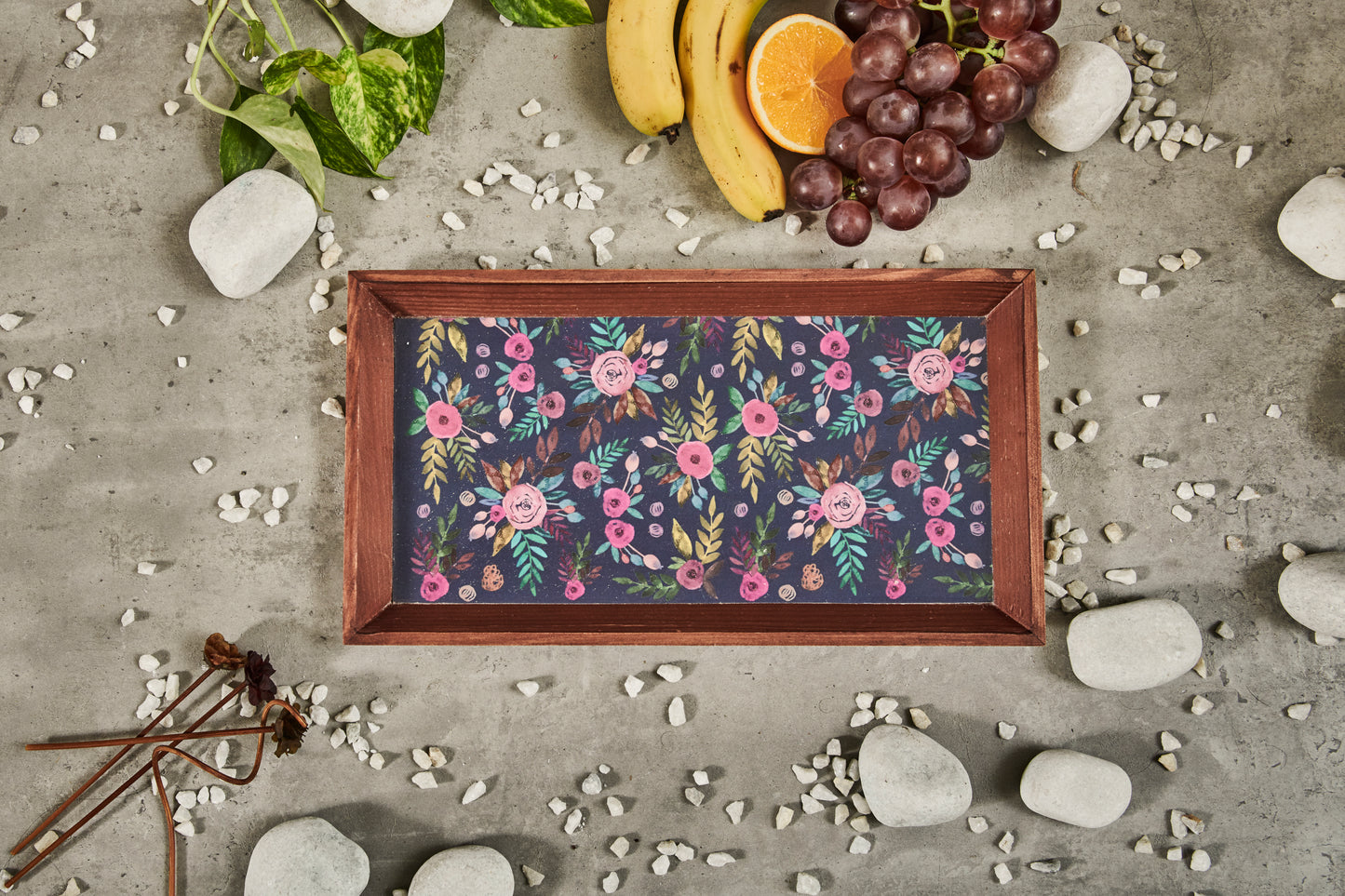 A Tiny Mistake Blue Floral Pattern Rectangle Wooden Serving Tray, 35 x 20 x 2 cm