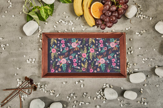 A Tiny Mistake Blue Floral Pattern Rectangle Wooden Serving Tray, 35 x 20 x 2 cm