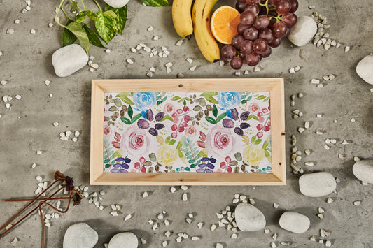 Tiny Mistake Geometric Watercolor Roses Wooden Serving Tray, 35 x 20 x 2 cm