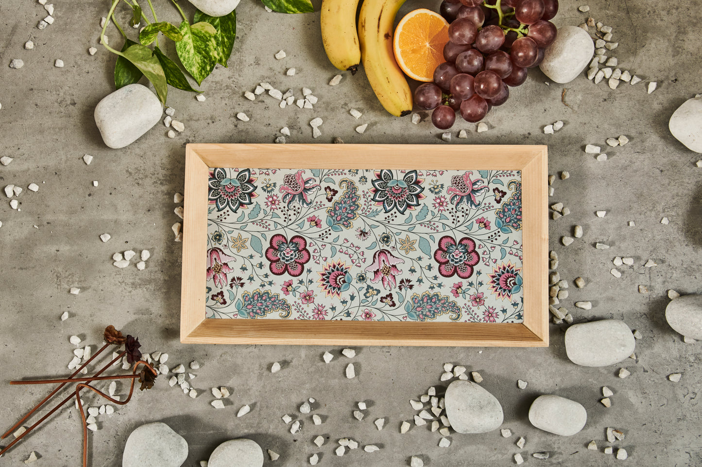 A Tiny Mistake Kalamkari Pastel Rectangle Wooden Serving Tray, 35 x 20 x 2 cm