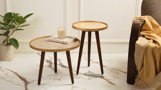 Banarasi Inverse Round Nesting Tables with Wooden Legs, Side Tables, Wooden Tables, Living Room Decor by A Tiny Mistake