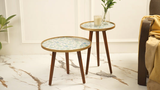 Blue and Green Floral Inverse Round Nesting Tables with Wooden Legs, Side Tables, Wooden Tables, Living Room Decor by A Tiny Mistake