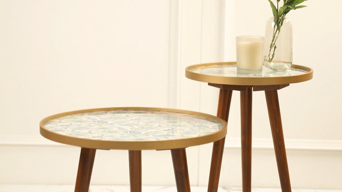Blue and Green Floral Inverse Round Nesting Tables with Wooden Legs, Side Tables, Wooden Tables, Living Room Decor by A Tiny Mistake