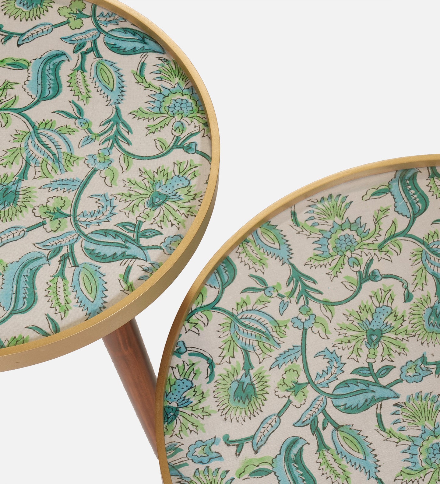 Blue and Green Floral Inverse Round Nesting Tables with Wooden Legs, Side Tables, Wooden Tables, Living Room Decor by A Tiny Mistake