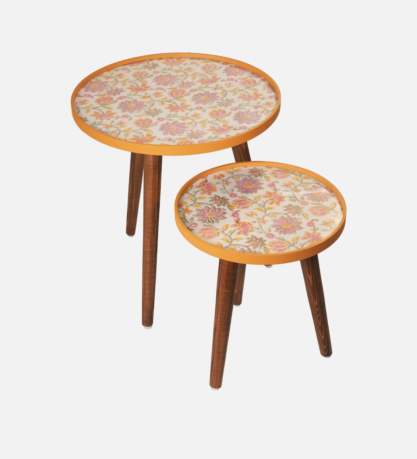 Pink and Yellow Floral Round Nesting Tables with Wooden Legs, Side Tables, Wooden Tables, Living Room Decor by A Tiny Mistake