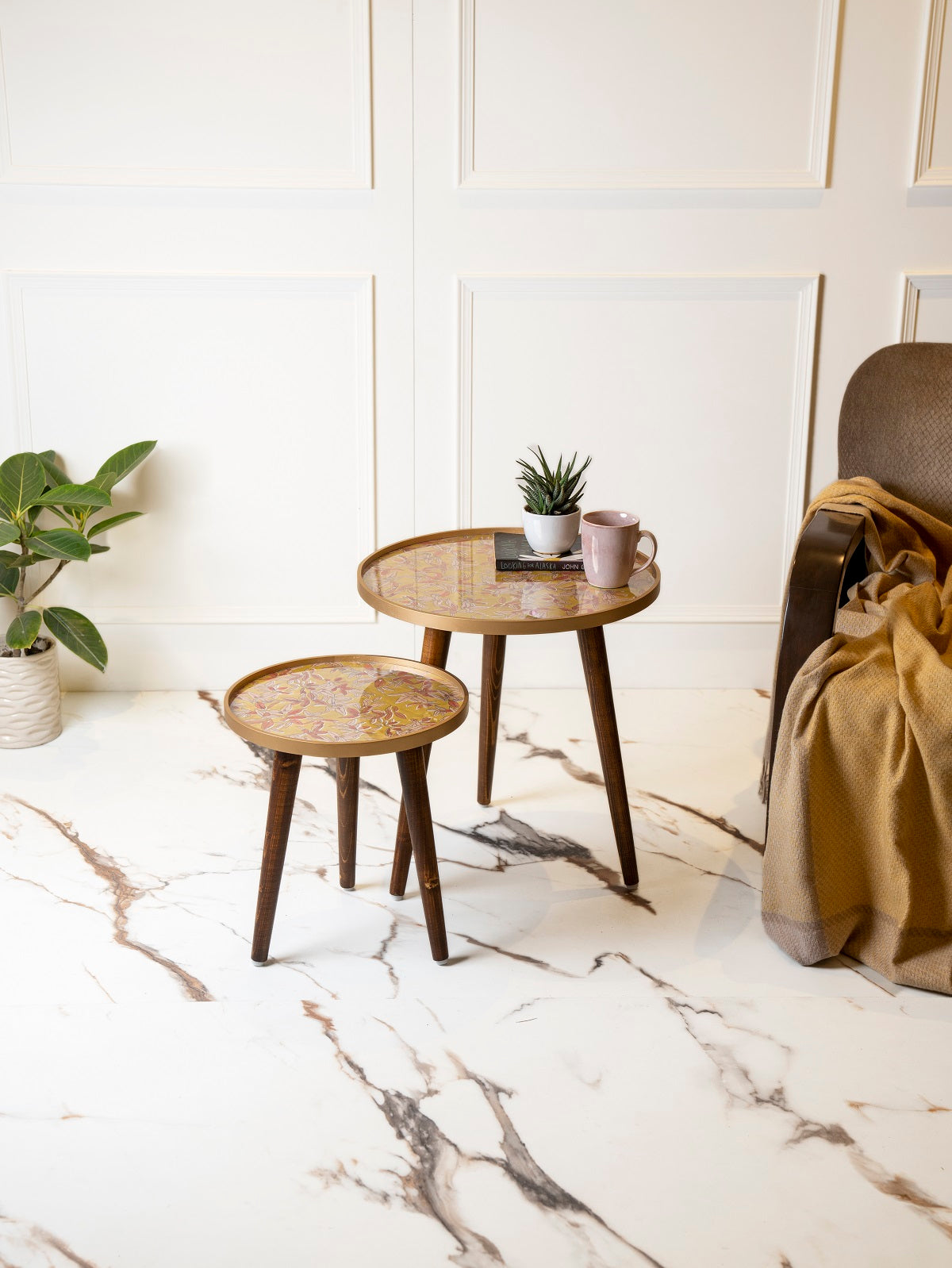 Peach and Gold Floral Round Nesting Tables with Wooden Legs, Side Tables, Wooden Tables, Living Room Decor by A Tiny Mistake