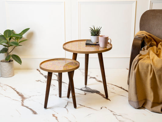 Peach and Gold Floral Round Nesting Tables with Wooden Legs, Side Tables, Wooden Tables, Living Room Decor by A Tiny Mistake