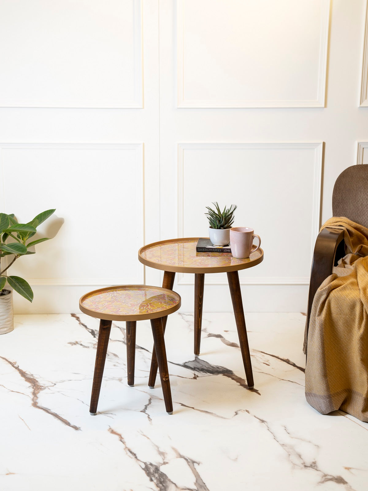 Peach and Gold Floral Round Nesting Tables with Wooden Legs, Side Tables, Wooden Tables, Living Room Decor by A Tiny Mistake