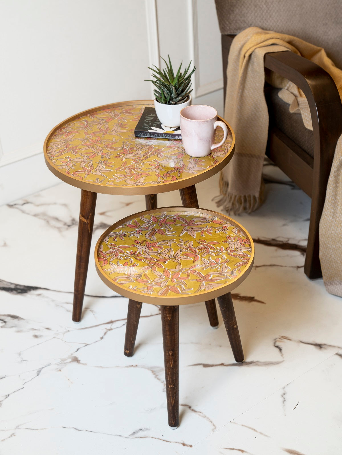 Peach and Gold Floral Round Nesting Tables with Wooden Legs, Side Tables, Wooden Tables, Living Room Decor by A Tiny Mistake
