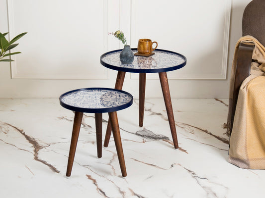 Warli Chitra Round Nesting Tables with Wooden Legs, Side Tables, Wooden Tables, Living Room Decor by A Tiny Mistake