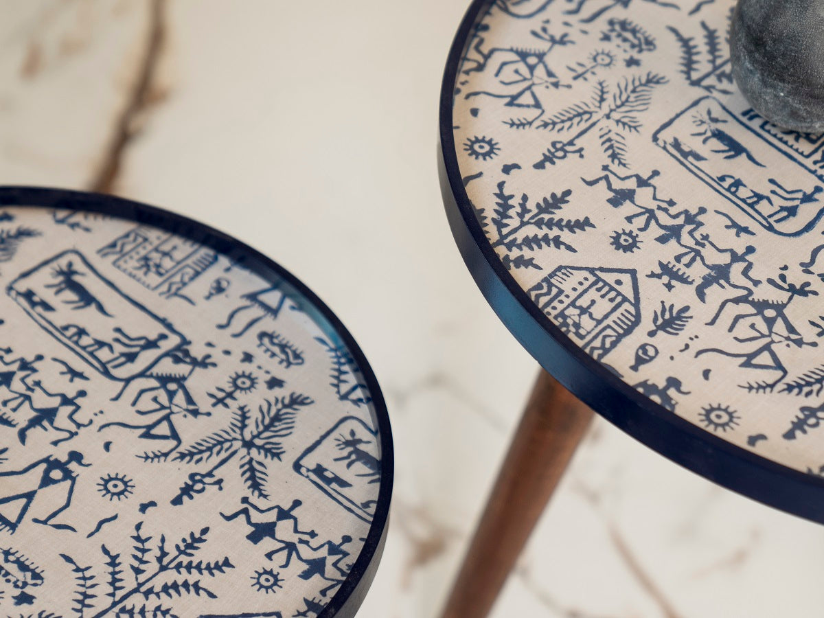 Warli Chitra Round Nesting Tables with Wooden Legs, Side Tables, Wooden Tables, Living Room Decor by A Tiny Mistake