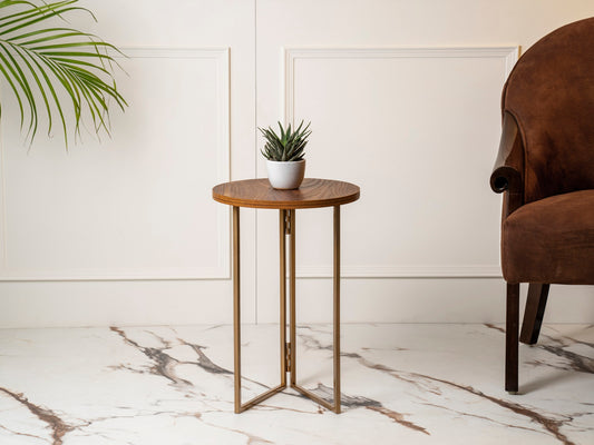 Teak Hues (Antique Gold Legs) Round Oblique Side Tables, Wooden Tables, Living Room Decor by A Tiny Mistake