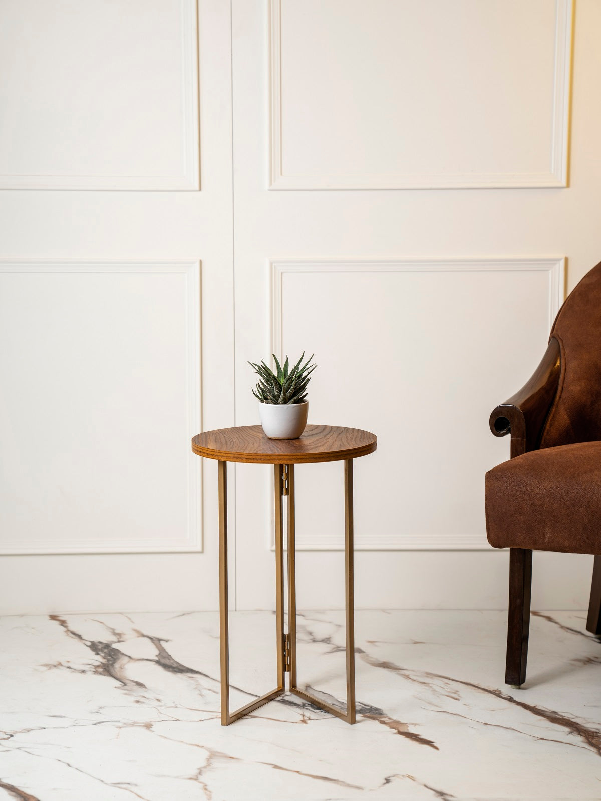 Teak Hues (Antique Gold Legs) Round Oblique Side Tables, Wooden Tables, Living Room Decor by A Tiny Mistake