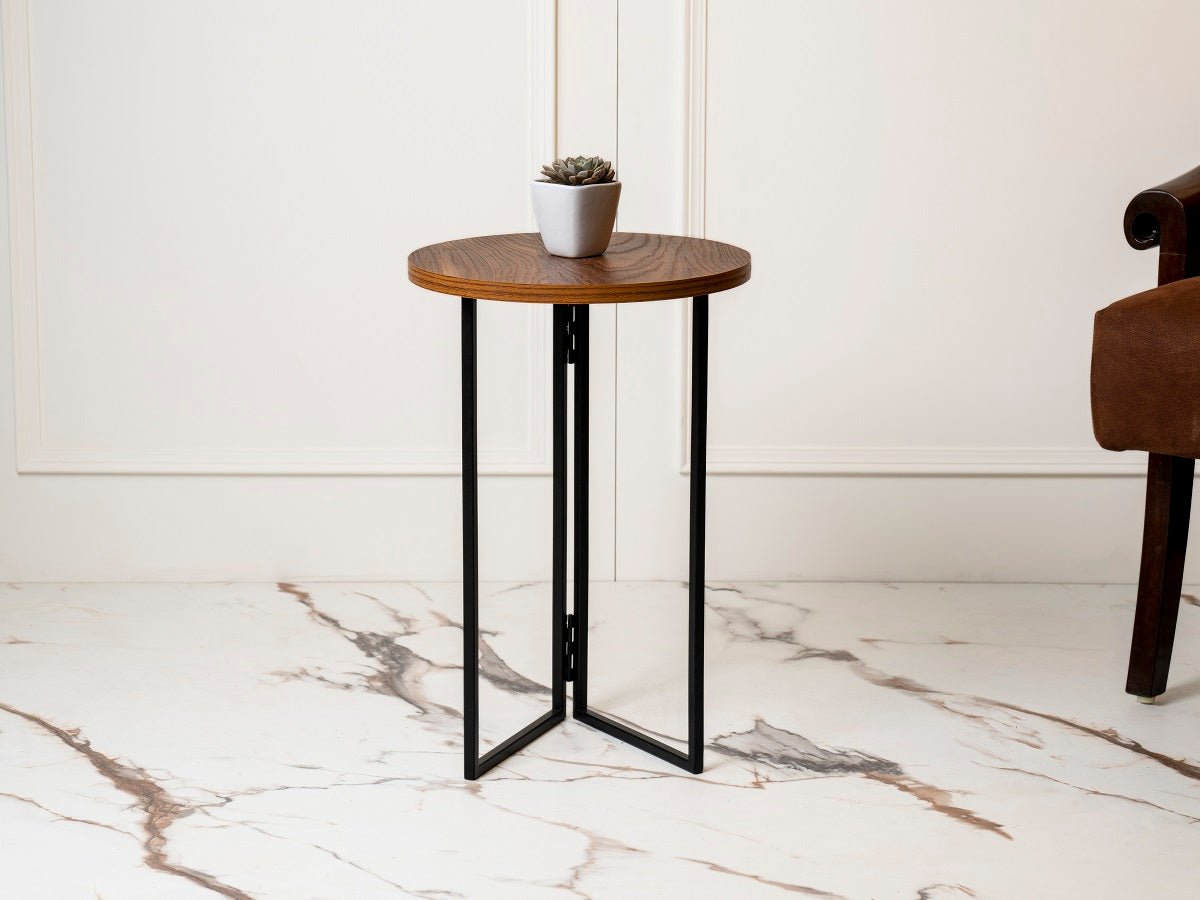 Teak Hues (Charcoal Legs) Round Oblique Side Tables, Wooden Tables, Living Room Decor by A Tiny Mistake
