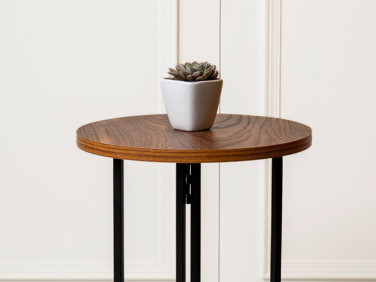 Teak Hues (Charcoal Legs) Round Oblique Side Tables, Wooden Tables, Living Room Decor by A Tiny Mistake
