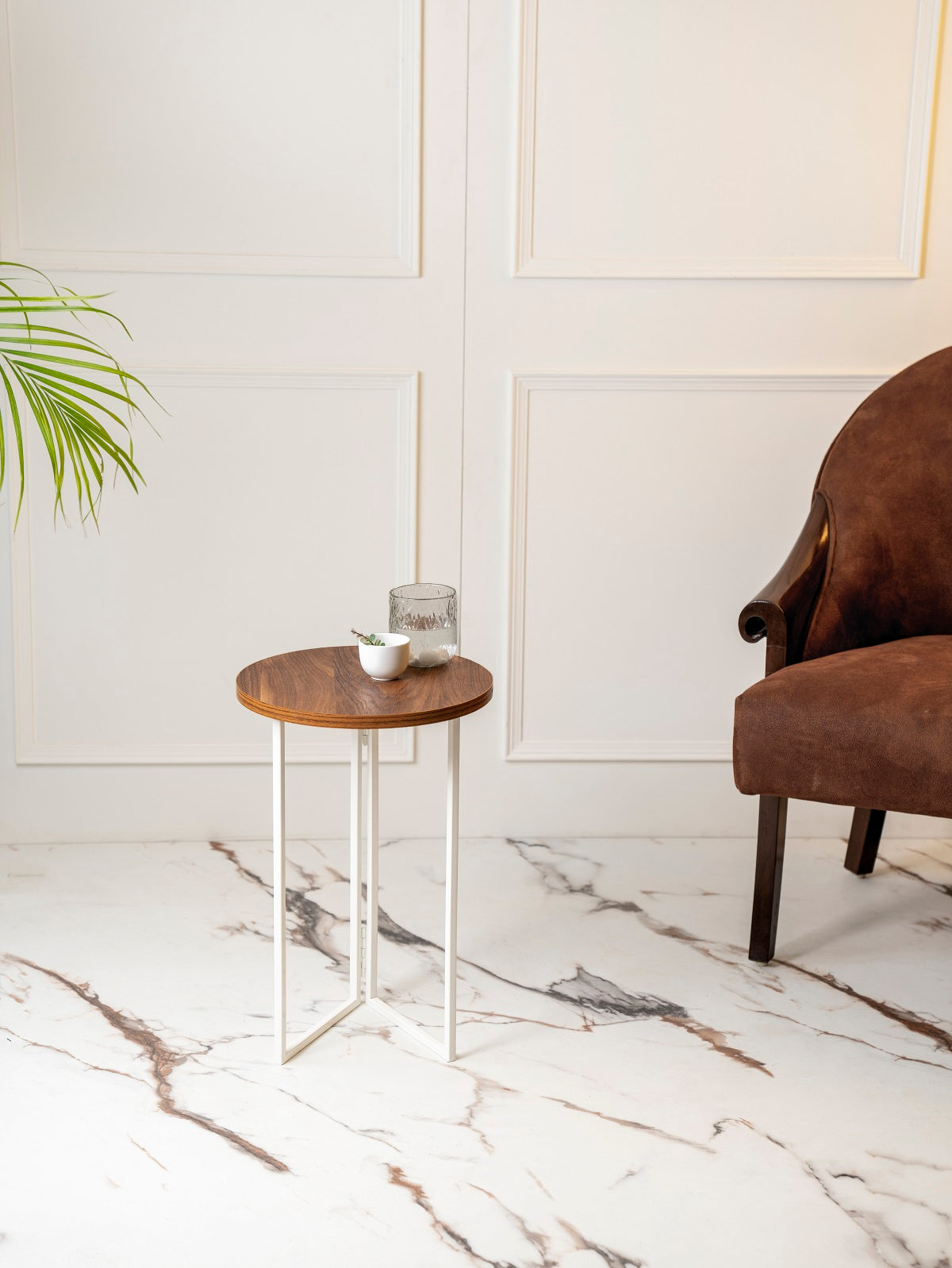 Teak Hues (Ivory Legs) Round Oblique Side Tables, Wooden Tables, Living Room Decor by A Tiny Mistake