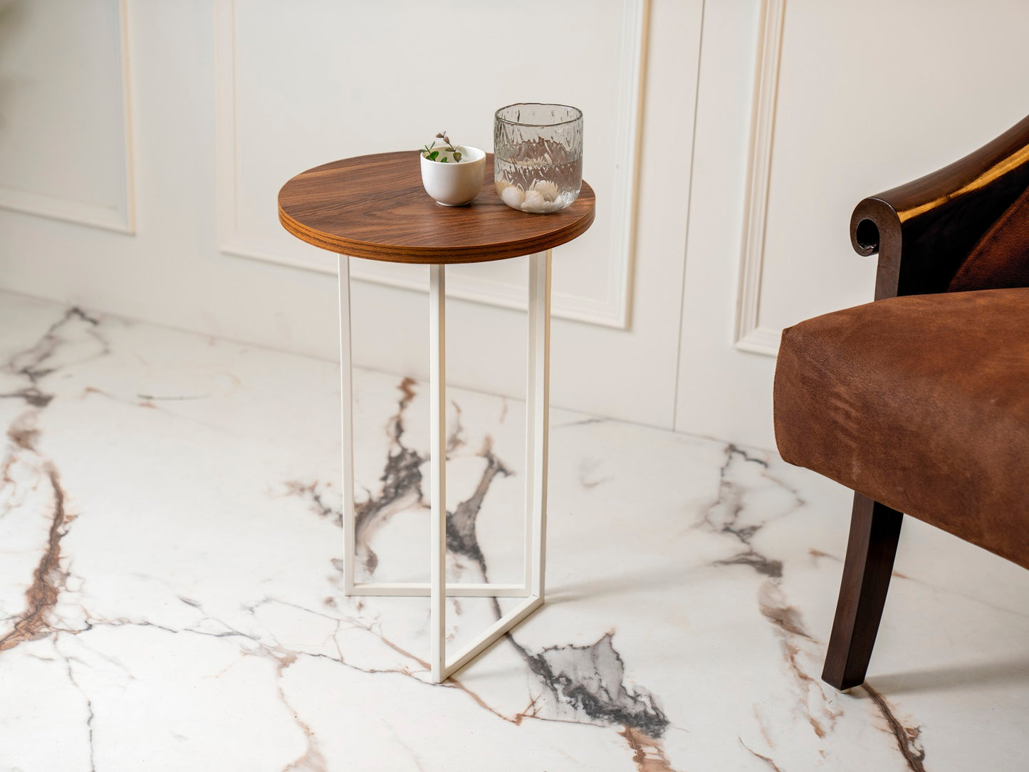 Teak Hues (Ivory Legs) Round Oblique Side Tables, Wooden Tables, Living Room Decor by A Tiny Mistake