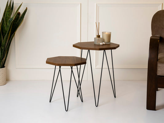 Walnut Hues Octagon Nesting Tables with Hairpin Legs, Side Tables, Wooden Tables, Living Room Decor by A Tiny Mistake
