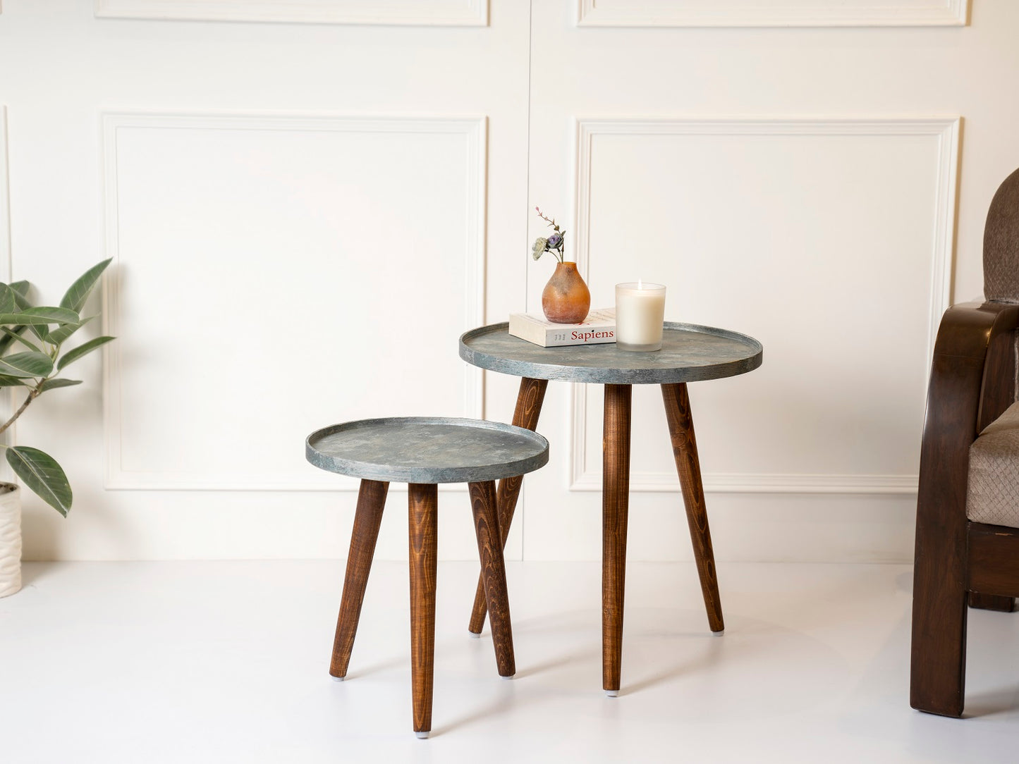 Teal Rain Round Nesting Tables with Wooden Legs, Side Tables, Wooden Tables, Living Room Decor by A Tiny Mistake