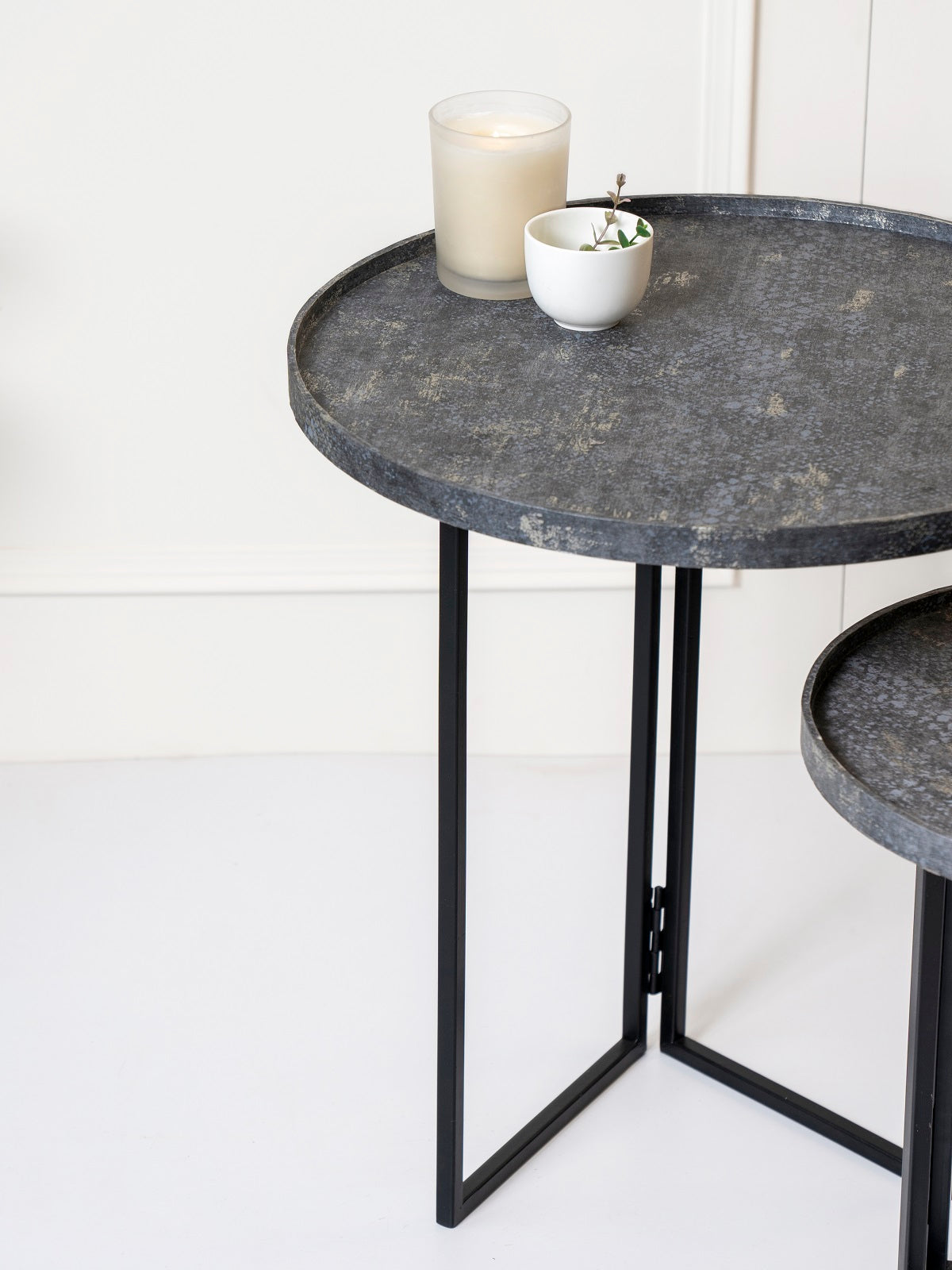 Transcendent Tinge Dark Blue Round Oblique Nesting Tables, Side Tables, Wooden Tables, Living Room Decor by A Tiny Mistake