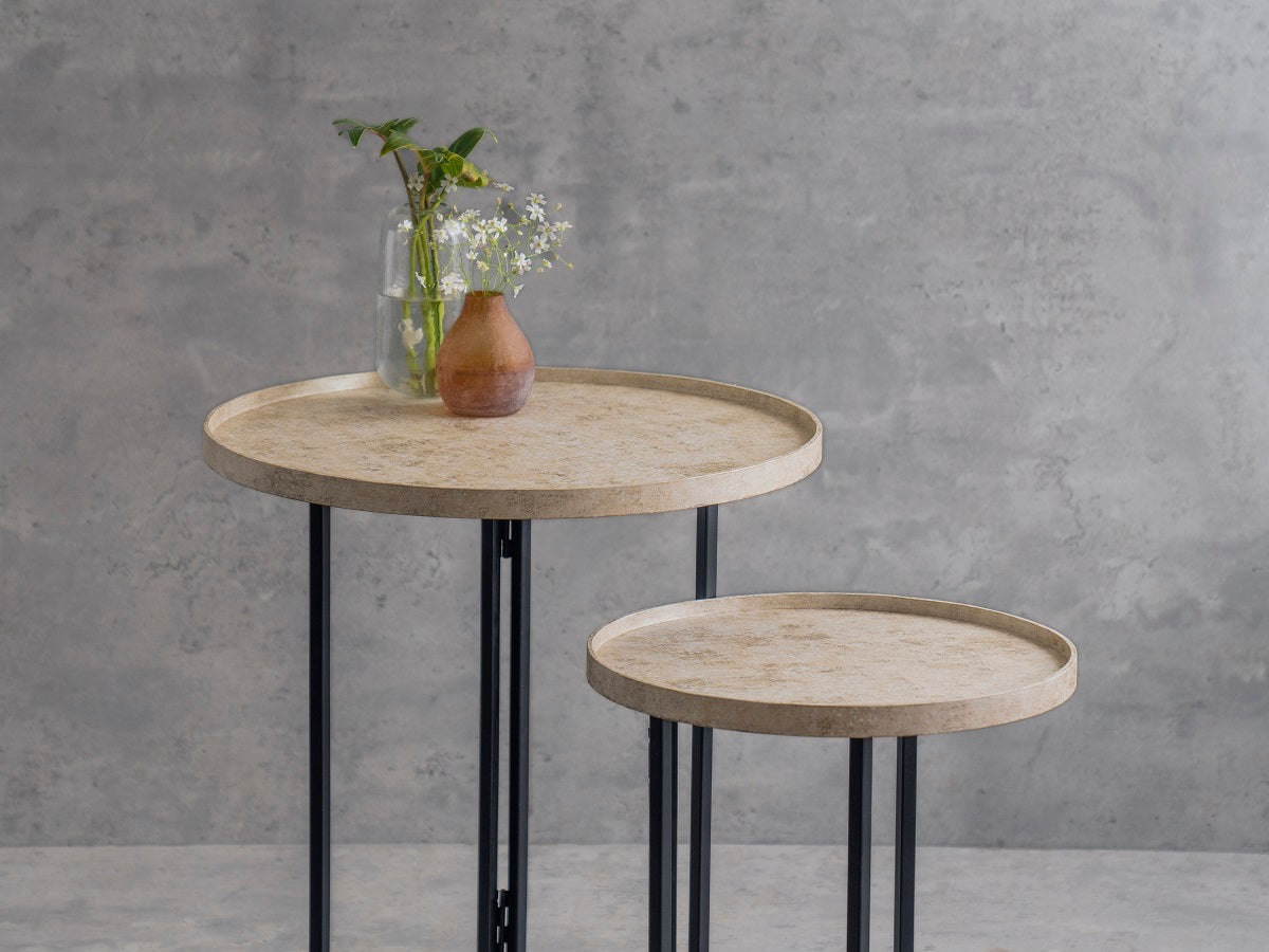 Transcendent Tinge Light Gold Round Oblique Nesting Tables, Side Tables, Wooden Tables, Living Room Decor by A Tiny Mistake