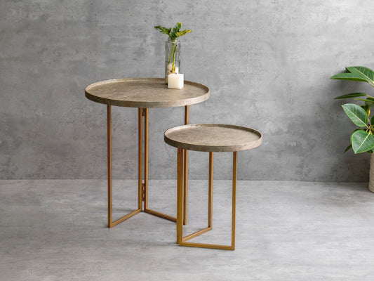 Transcendent Tinge Dark Gold Round Oblique Nesting Tables, Side Tables, Wooden Tables, Living Room Decor by A Tiny Mistake