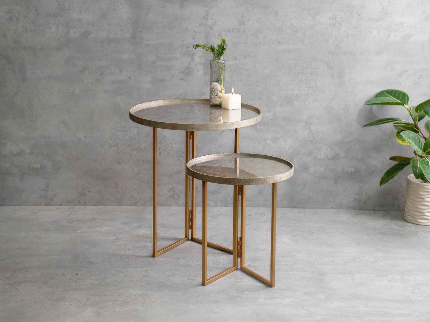Transcendent Tinge Dark Gold Round Oblique Nesting Tables, Side Tables, Wooden Tables, Living Room Decor by A Tiny Mistake