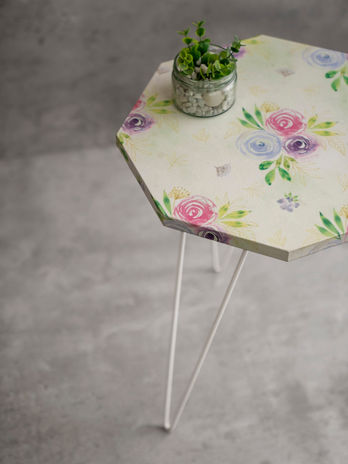 Blush Roses Octagon Side Tables with Hairpin Legs, Side Tables, Wooden Tables, Living Room Decor by A Tiny Mistake