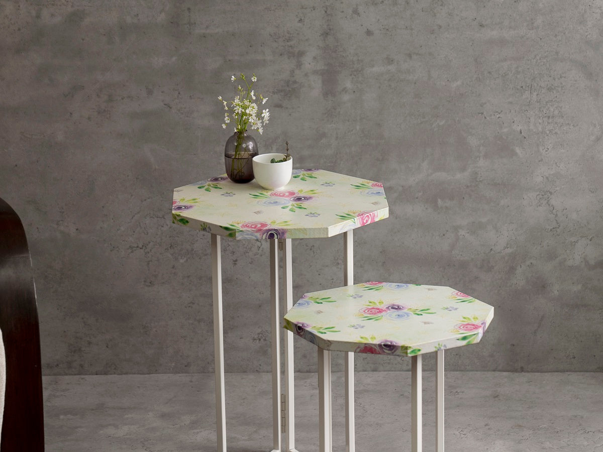 Blush Roses Octagon Oblique Nesting Tables, Side Tables, Wooden Tables, Living Room Decor by A Tiny Mistake