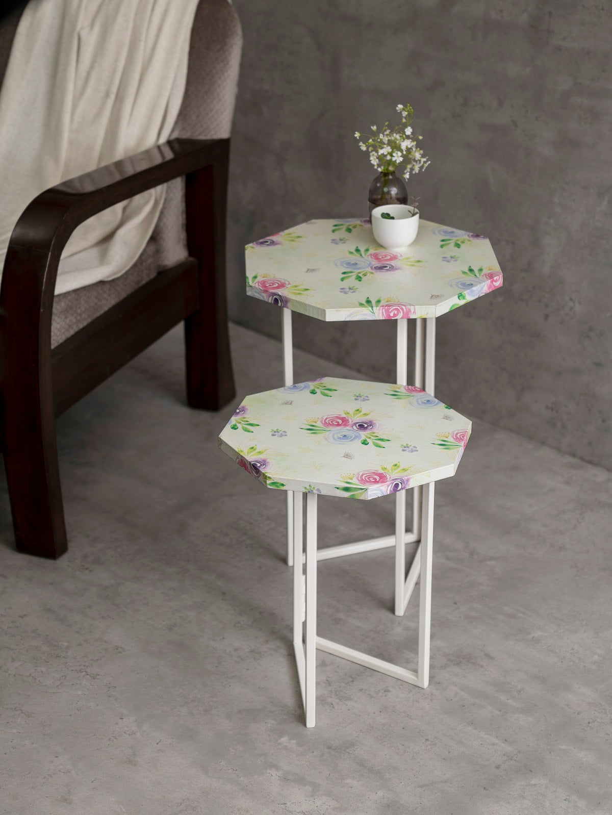 Blush Roses Octagon Oblique Nesting Tables, Side Tables, Wooden Tables, Living Room Decor by A Tiny Mistake