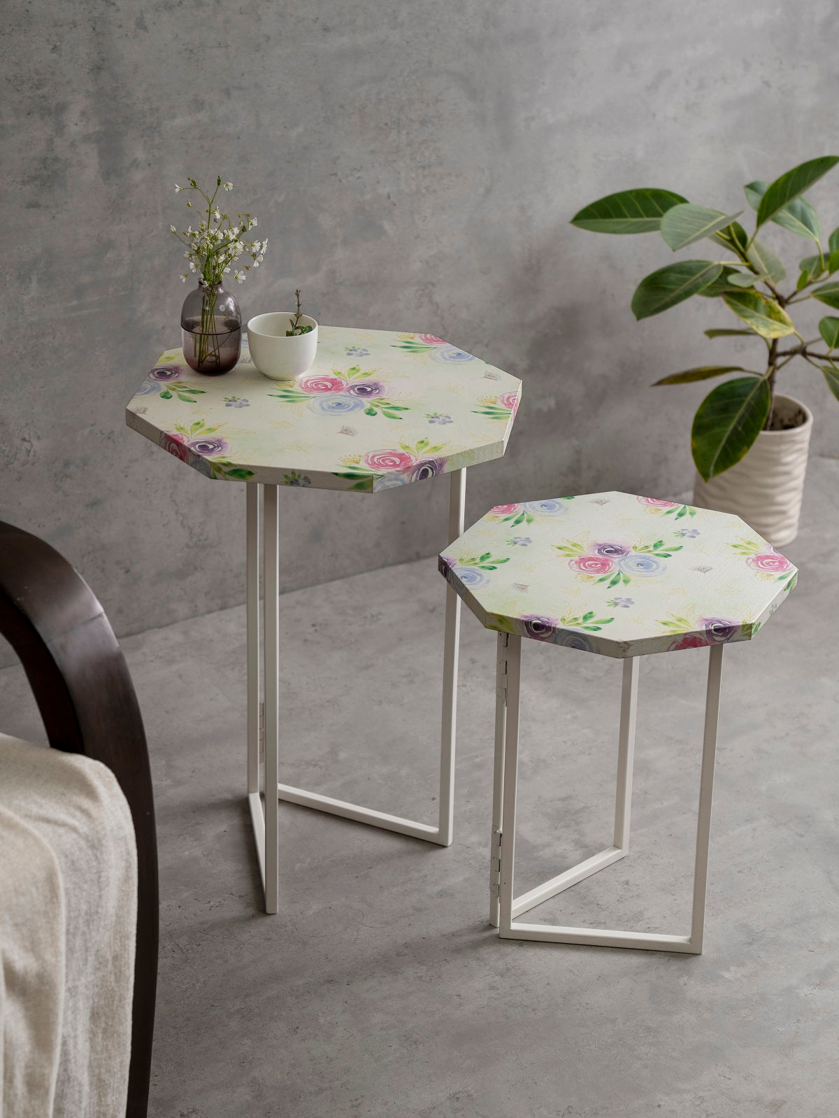 Blush Roses Octagon Oblique Nesting Tables, Side Tables, Wooden Tables, Living Room Decor by A Tiny Mistake