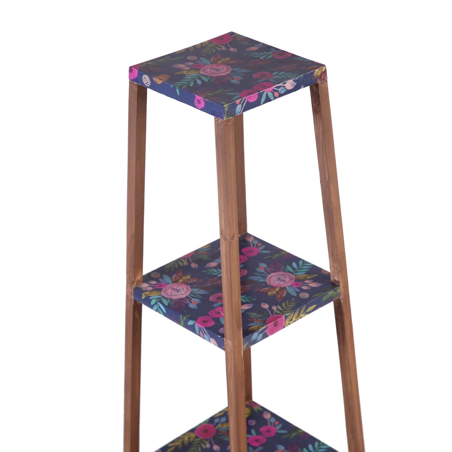A Tiny Mistake Square Four Legged Tapering Three Tier Decorative Stand (Three Tiers) (Floral Base with Dark Legs)