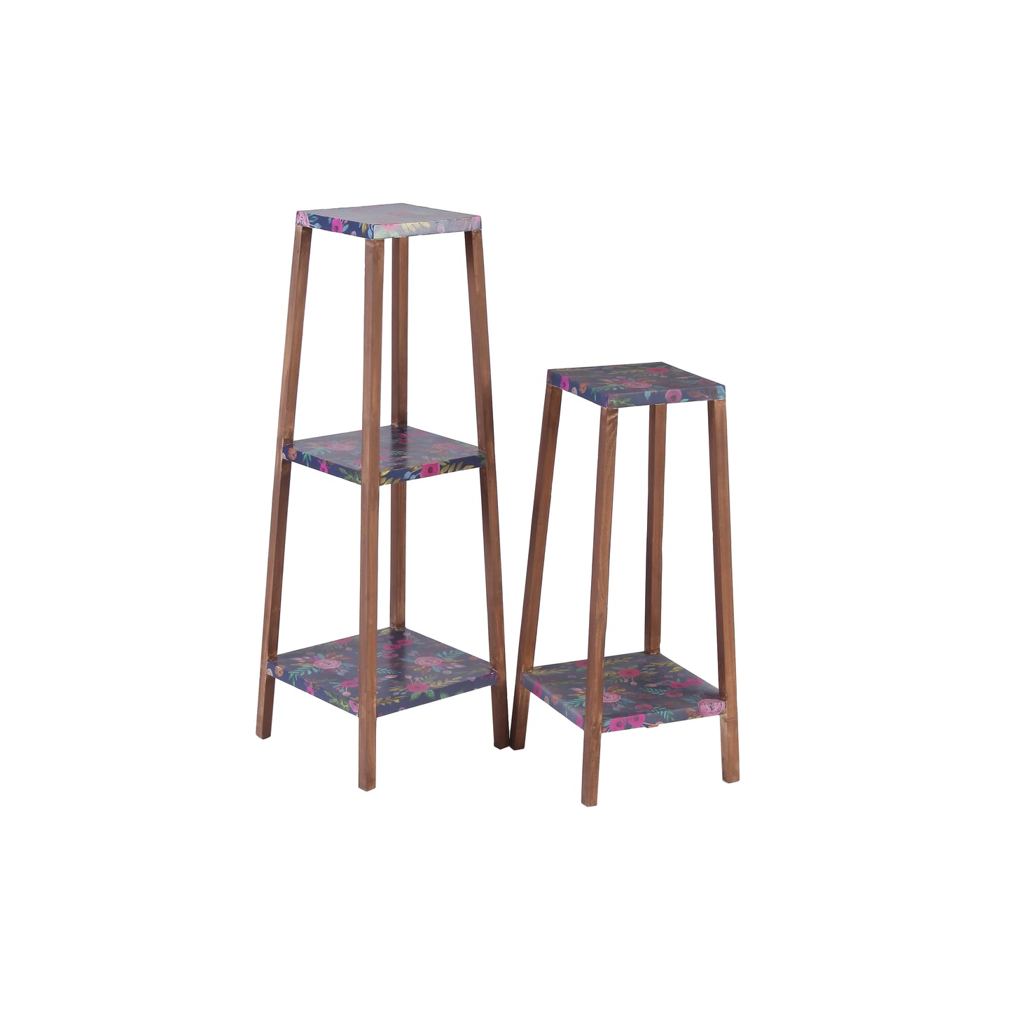 A Tiny Mistake Square Four Legged Tapering Three Tier Decorative Stand (Three Tiers) (Floral Base with Dark Legs)