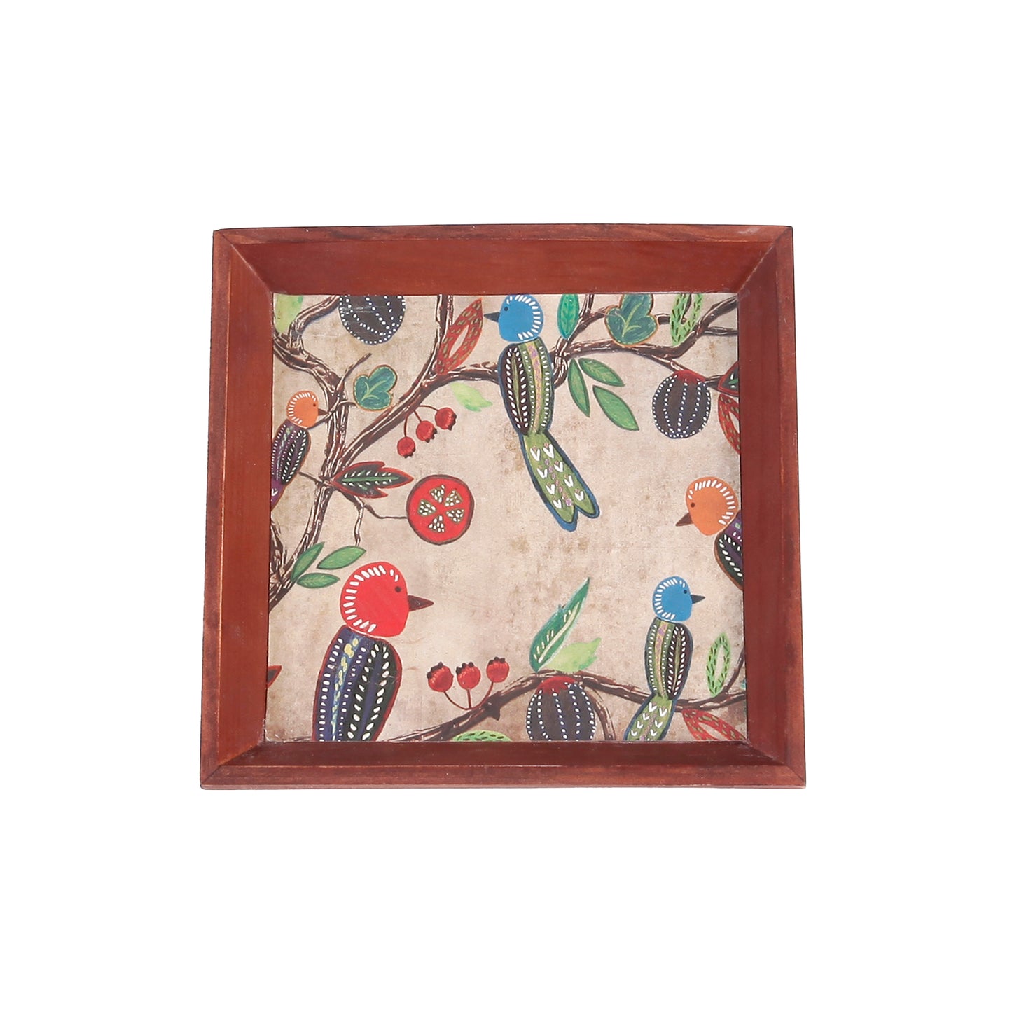 A Tiny Mistake Vintage Birds Small Square Wooden Serving Tray, 18 x 18 x 2 cm