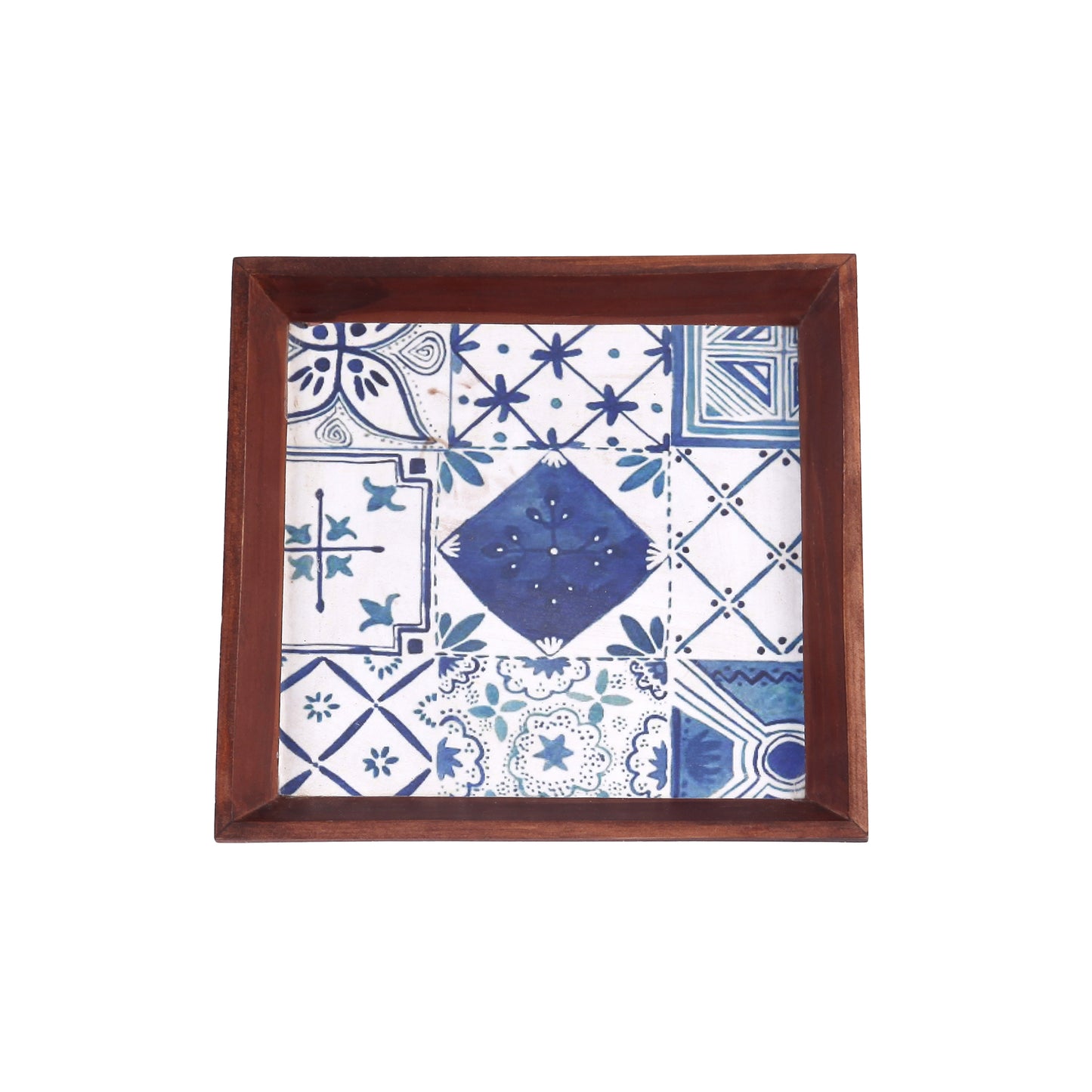 A Tiny Mistake Turkish Blue Tiles Small Square Wooden Serving Tray, 18 x 18 x 2 cm